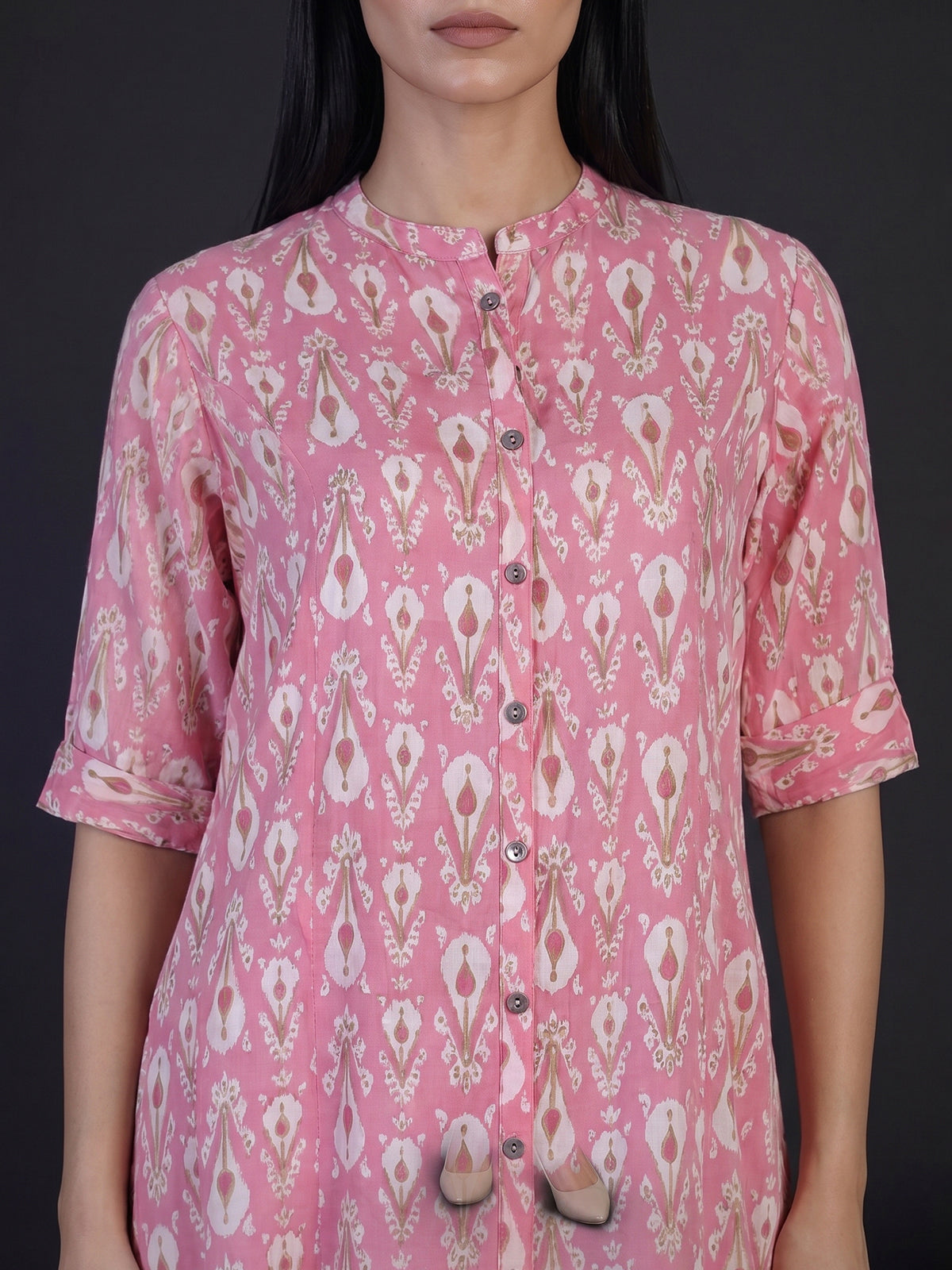 Pink cotton silk floral printed casual stand collar elbow sleeve kurti