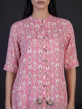 Pink cotton silk floral printed casual stand collar elbow sleeve kurti
