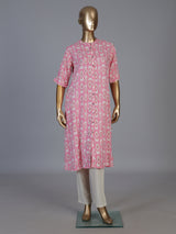 Pink cotton silk floral printed casual stand collar elbow sleeve kurti
