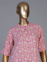 Pink cotton silk floral printed casual stand collar elbow sleeve kurti