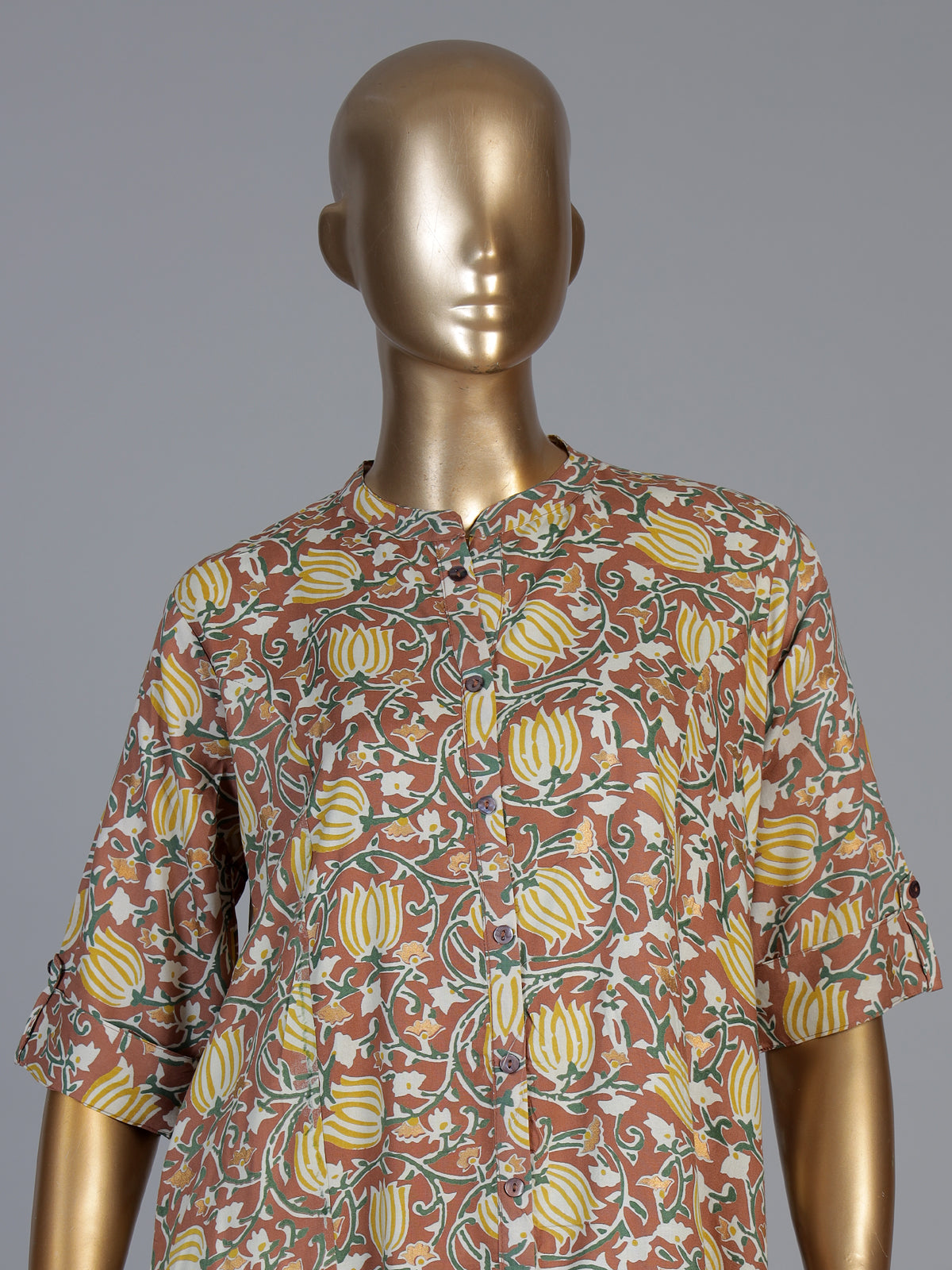 Light brown cotton silk floral printed stand collar casual elegant kurti