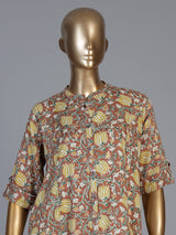 Light brown cotton silk floral printed stand collar casual elegant kurti