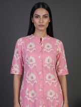 Light pink cotton silk printed casual stand collar elbow sleeve kurti