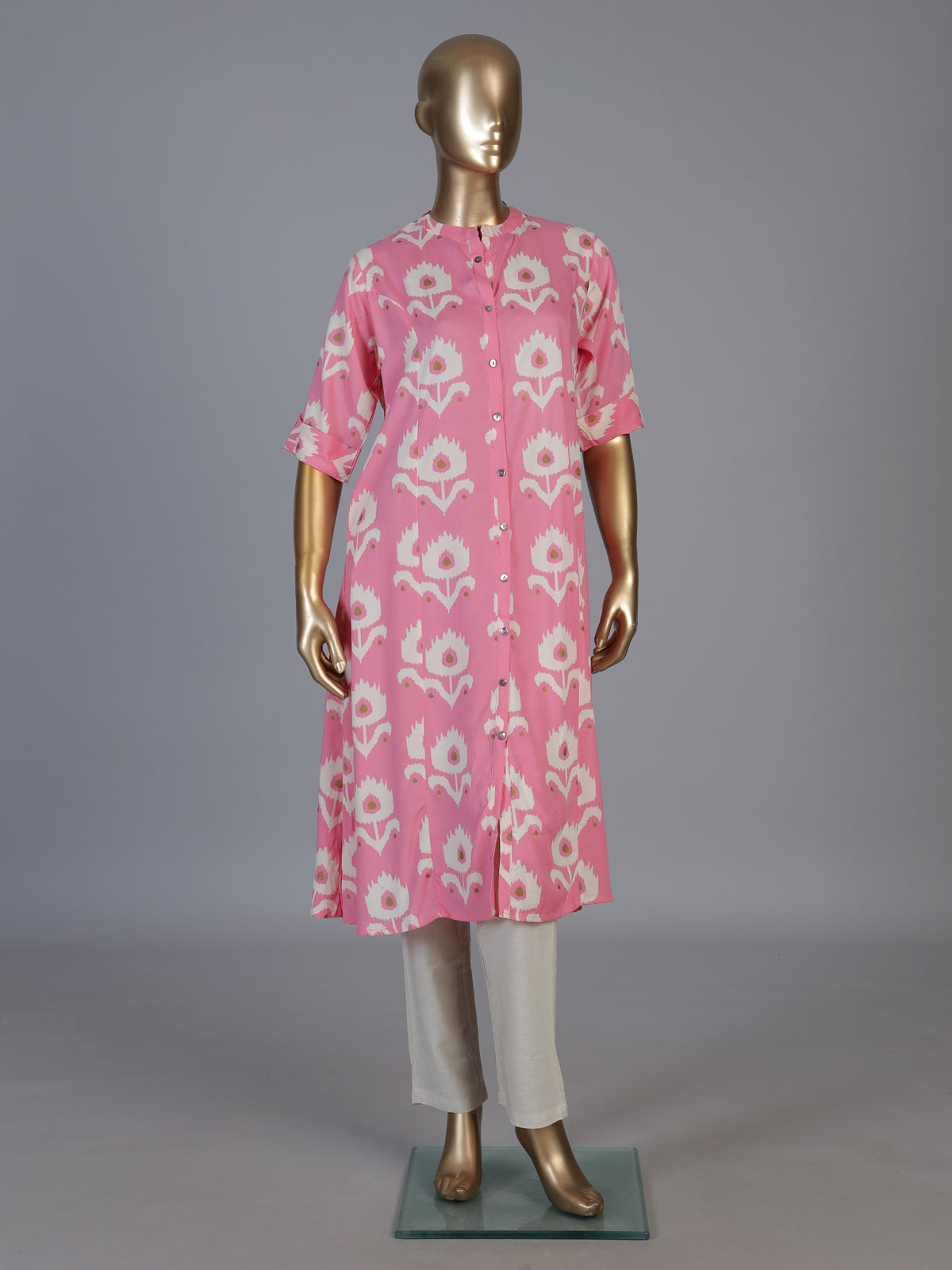 Light pink cotton silk printed casual stand collar elbow sleeve kurti