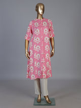 Light pink cotton silk printed casual stand collar elbow sleeve kurti