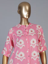 Light pink cotton silk printed casual stand collar elbow sleeve kurti