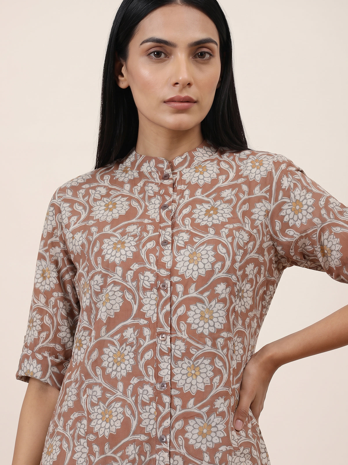 Brown cotton silk floral printed casual stand collar elbow sleeve kurti