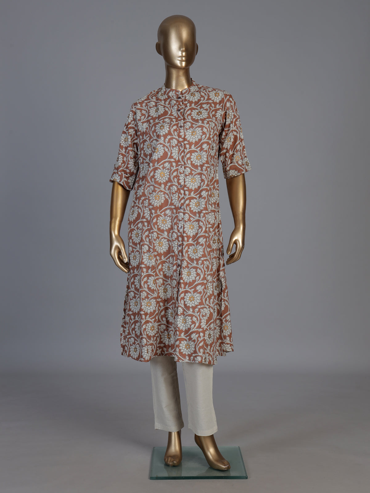 Brown cotton silk floral printed casual stand collar elbow sleeve kurti