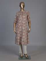 Brown cotton silk floral printed casual stand collar elbow sleeve kurti