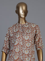 Brown cotton silk floral printed casual stand collar elbow sleeve kurti