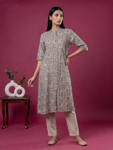 Grey cotton silk floral printed casual stand collar elbow sleeve kurti