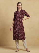 Black cotton silk floral printed casual stand collar elbow sleeve kurti