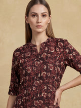 Black cotton silk floral printed casual stand collar elbow sleeve kurti