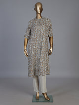 Grey cotton silk floral printed casual stand collar elbow sleeve kurti