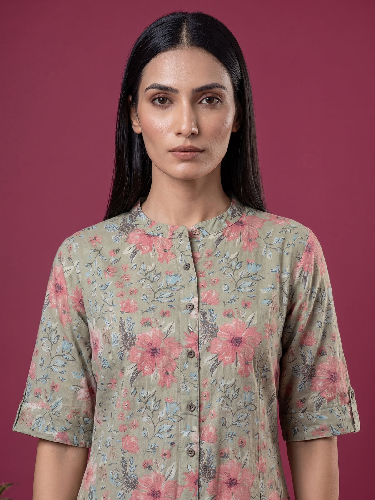 Pista green cotton floral printed casual stand collar elbow sleeve kurti