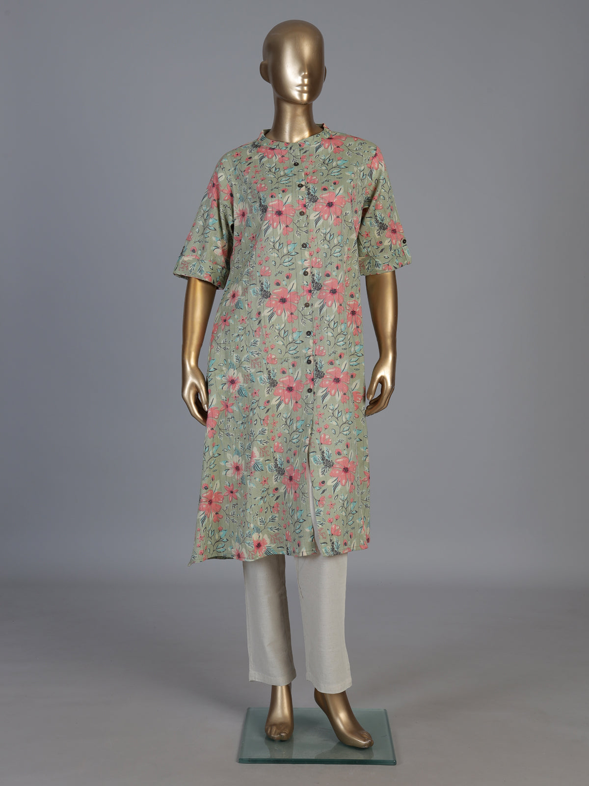 Pista green cotton floral printed casual stand collar elbow sleeve kurti