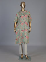 Pista green cotton floral printed casual stand collar elbow sleeve kurti