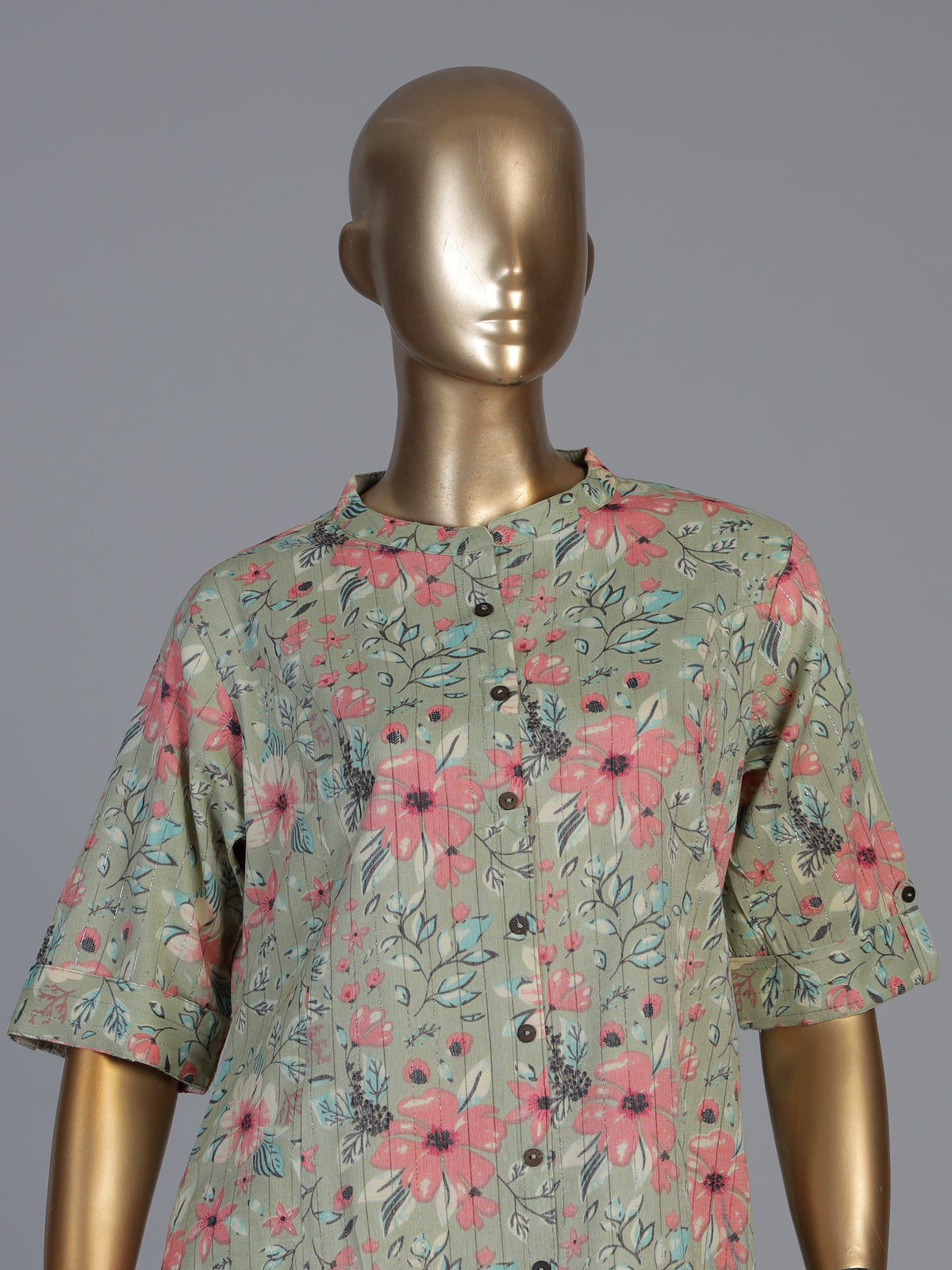 Pista green cotton floral printed casual stand collar elbow sleeve kurti