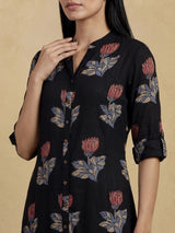 Black cotton silk floral printed classic stand collar casual kurti