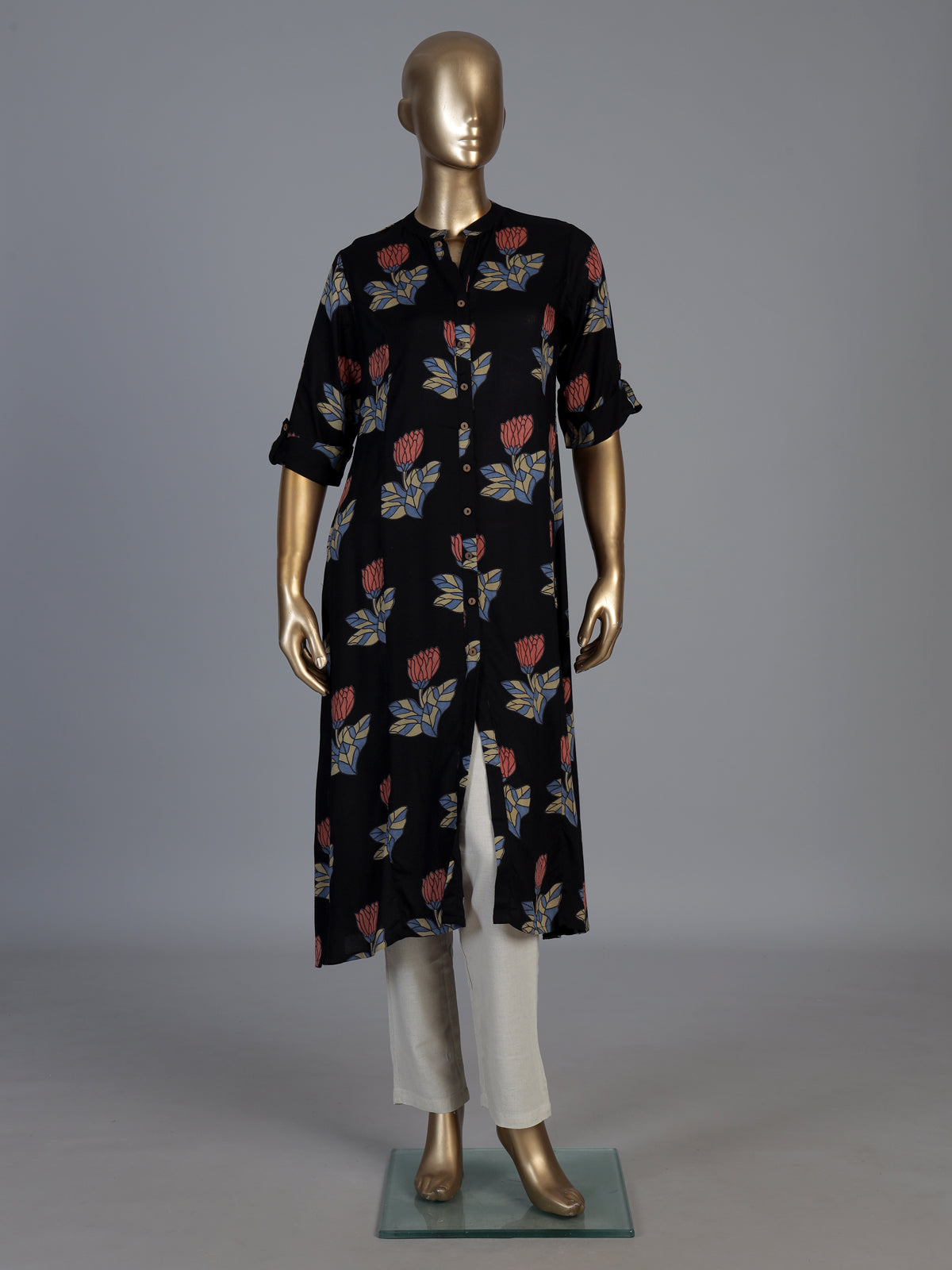 Black cotton silk floral printed classic stand collar casual kurti