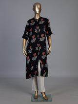 Black cotton silk floral printed classic stand collar casual kurti