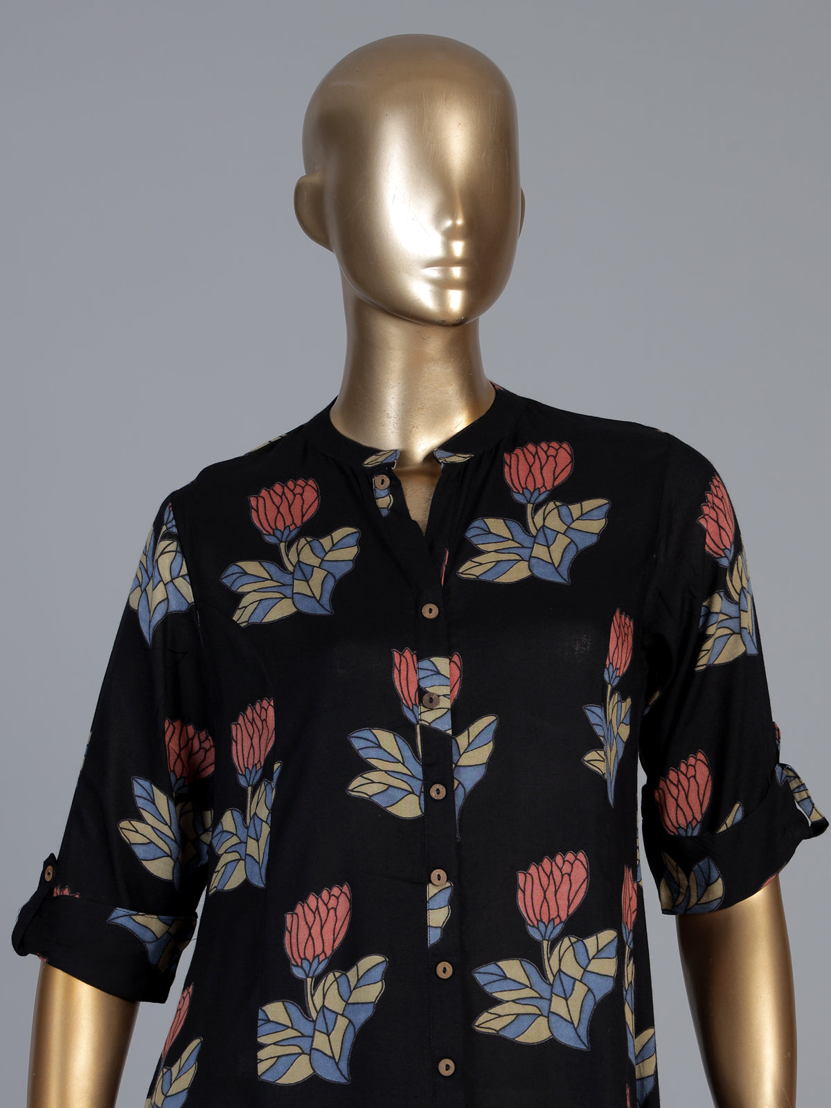 Black cotton silk floral printed classic stand collar casual kurti