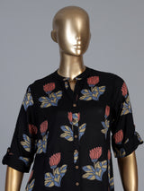 Black cotton silk floral printed classic stand collar casual kurti