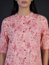 Pink cotton floral printed casual stand collar elbow sleeve kurti
