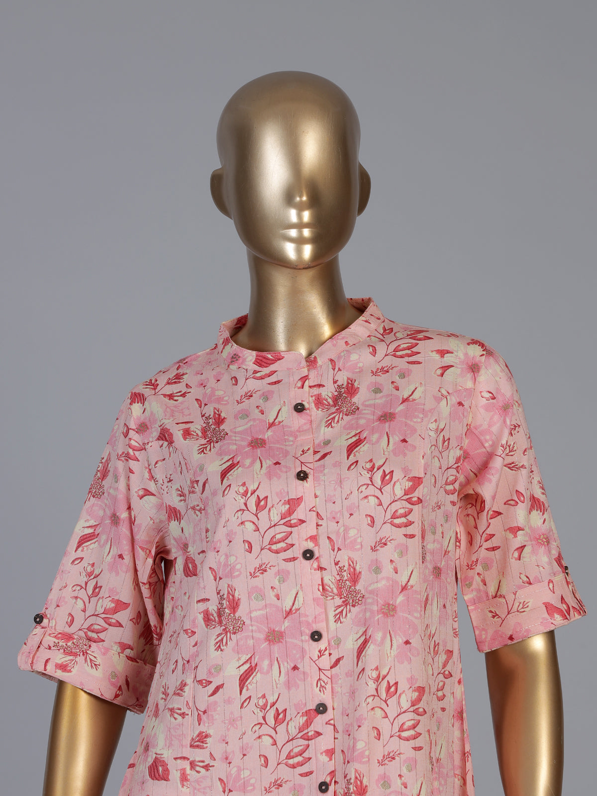 Pink cotton floral printed casual stand collar elbow sleeve kurti