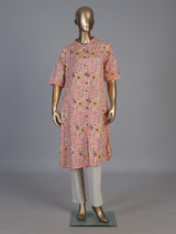 Peach cotton floral printed casual stand collar elbow sleeve kurti