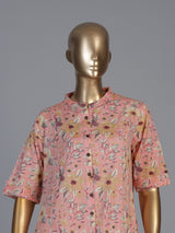Peach cotton floral printed casual stand collar elbow sleeve kurti