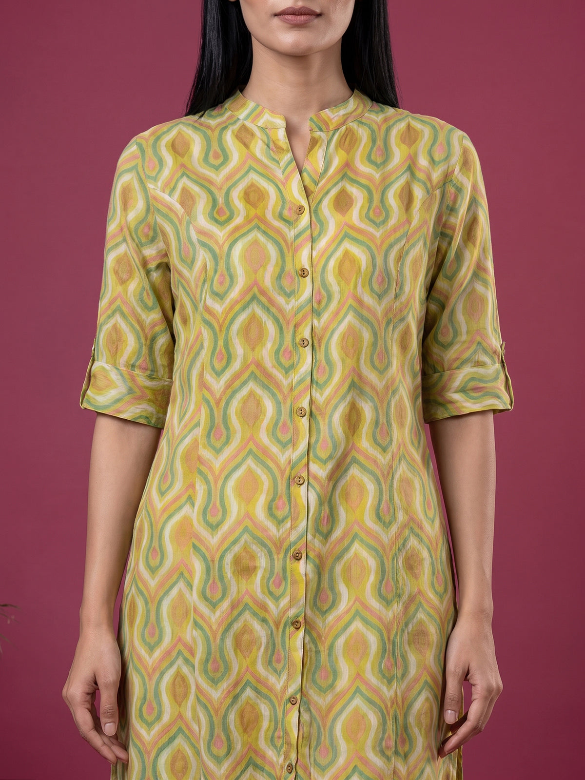 Yellow cotton silk texture printed casual stand collar elbow sleeve kurti