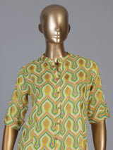 Yellow cotton silk texture printed casual stand collar elbow sleeve kurti