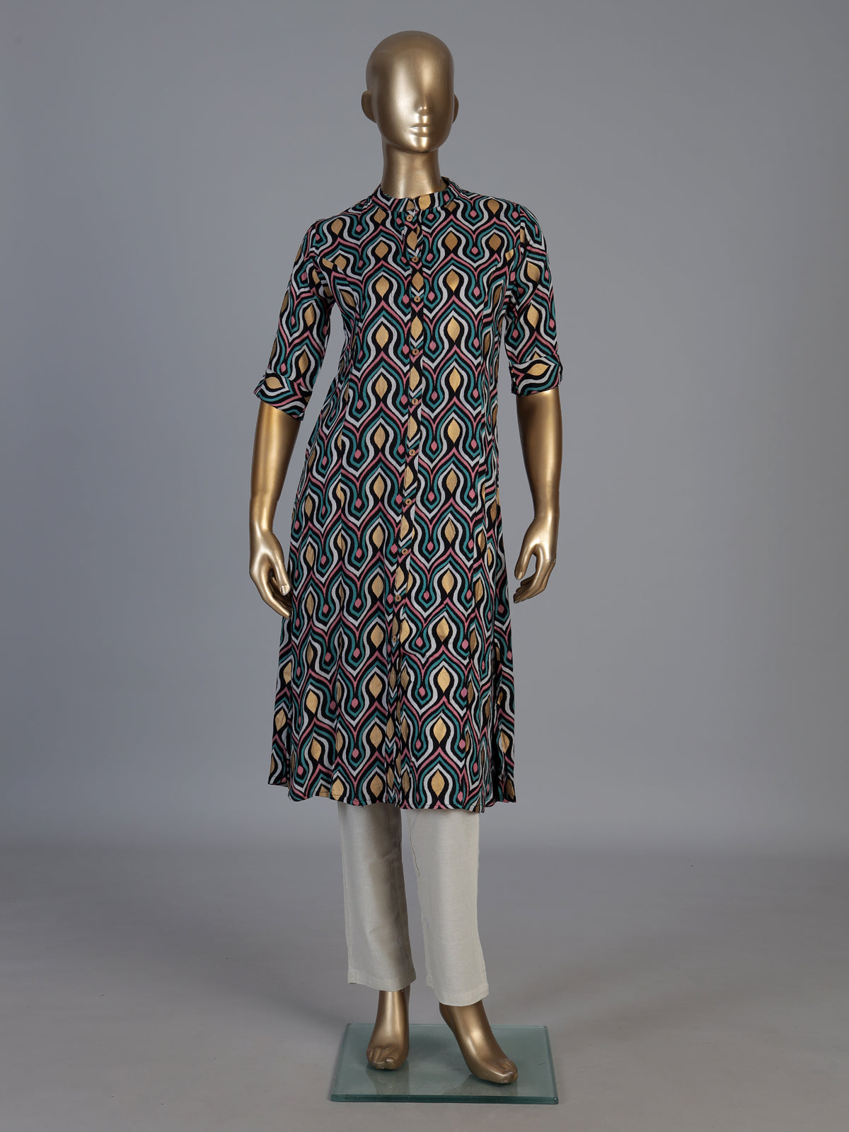 Black cotton silk texture printed casual stand collar elbow sleeve kurti