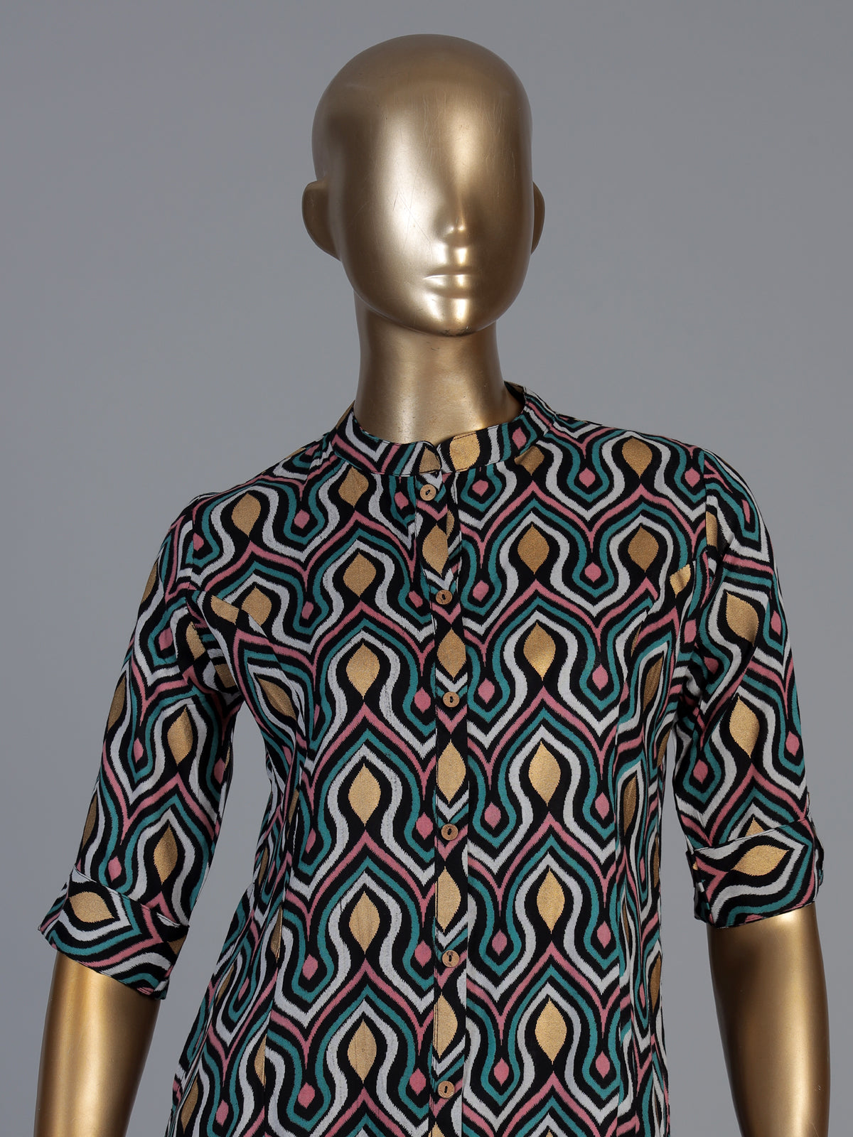 Black cotton silk texture printed casual stand collar elbow sleeve kurti