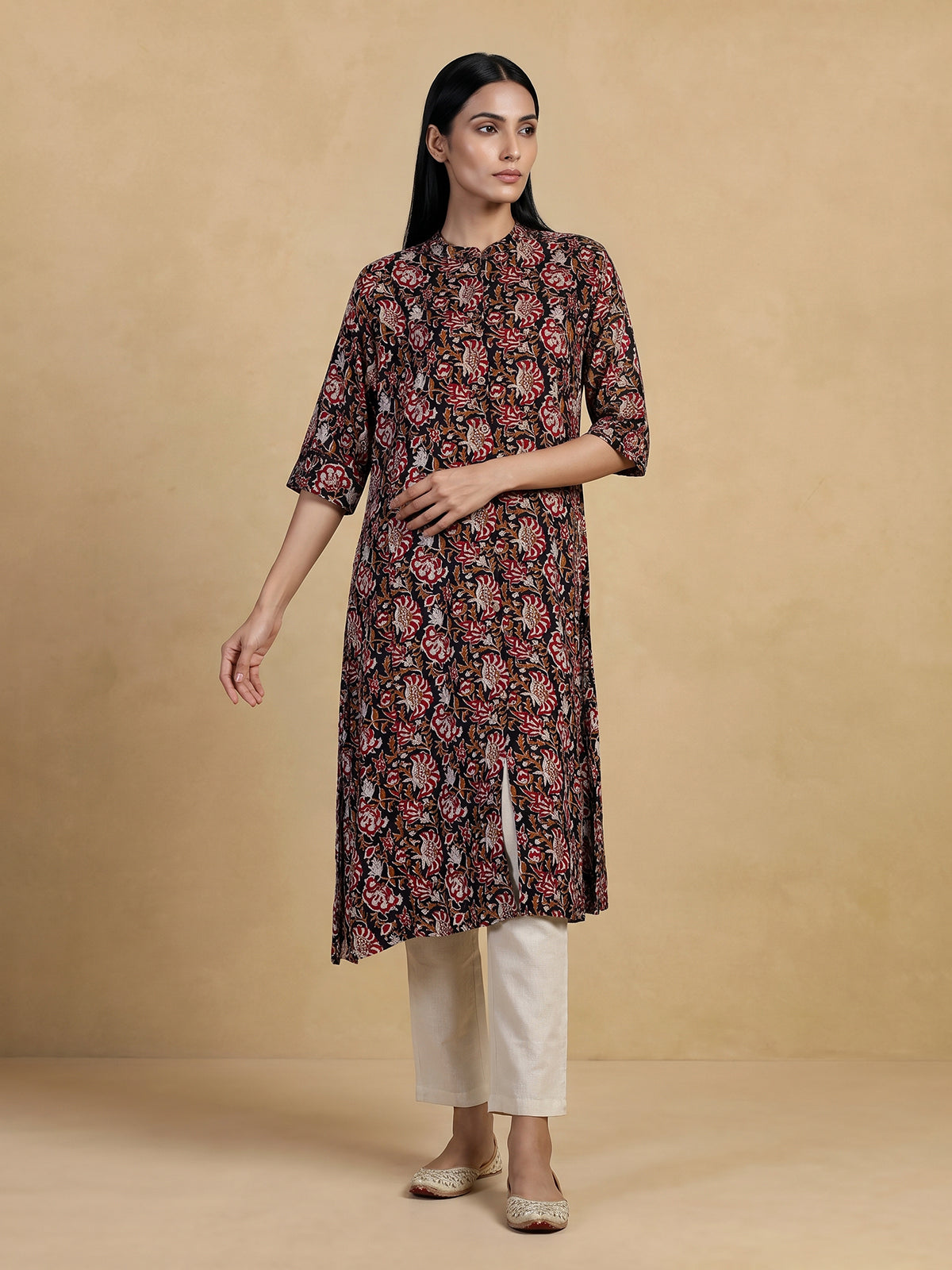Black cotton silk floral printed elegant stand collar casual kurti