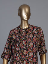 Black cotton silk floral printed elegant stand collar casual kurti