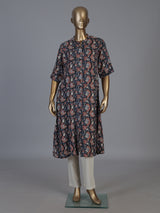 Navy cotton silk floral printed casual stand collar elbow sleeve kurti