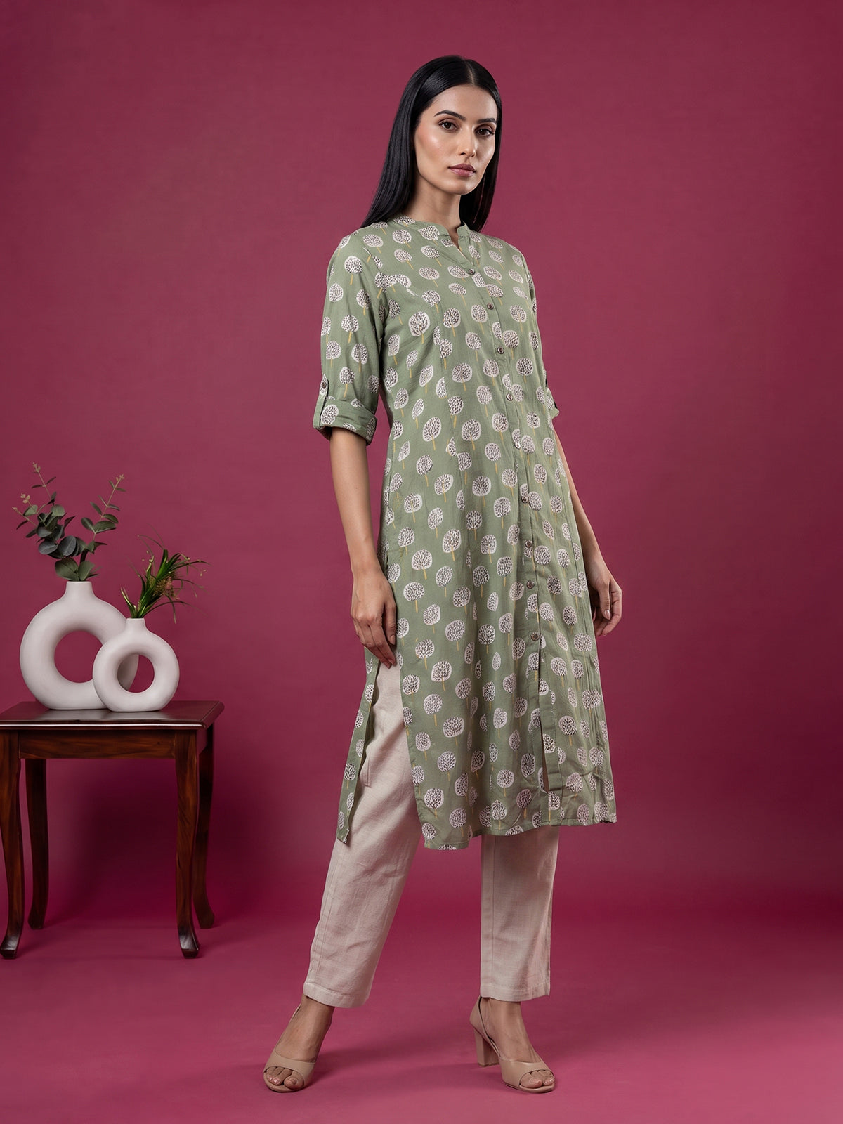 Pista green cotton silk floral printed stand collar casual elegant kurti