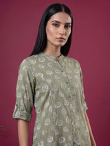 Pista green cotton silk floral printed stand collar casual elegant kurti