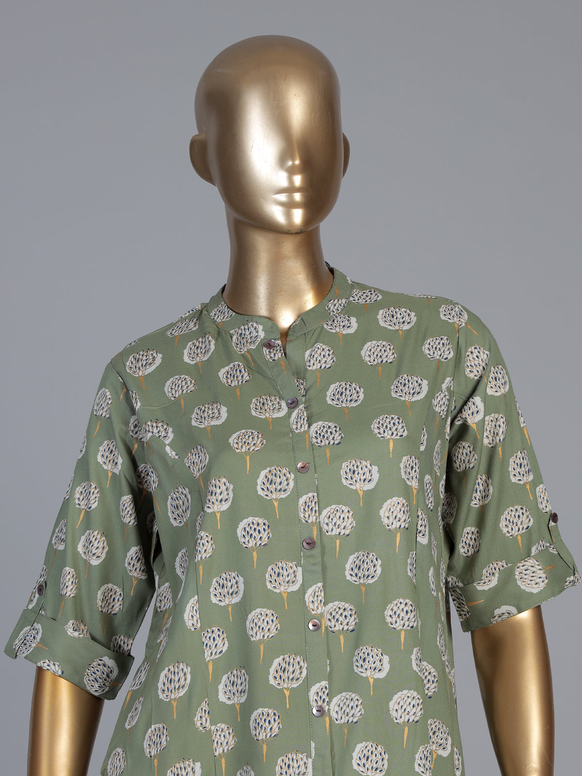 Pista green cotton silk floral printed stand collar casual elegant kurti