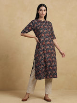 Black cotton silk floral printed casual stand collar elbow sleeve kurti for women