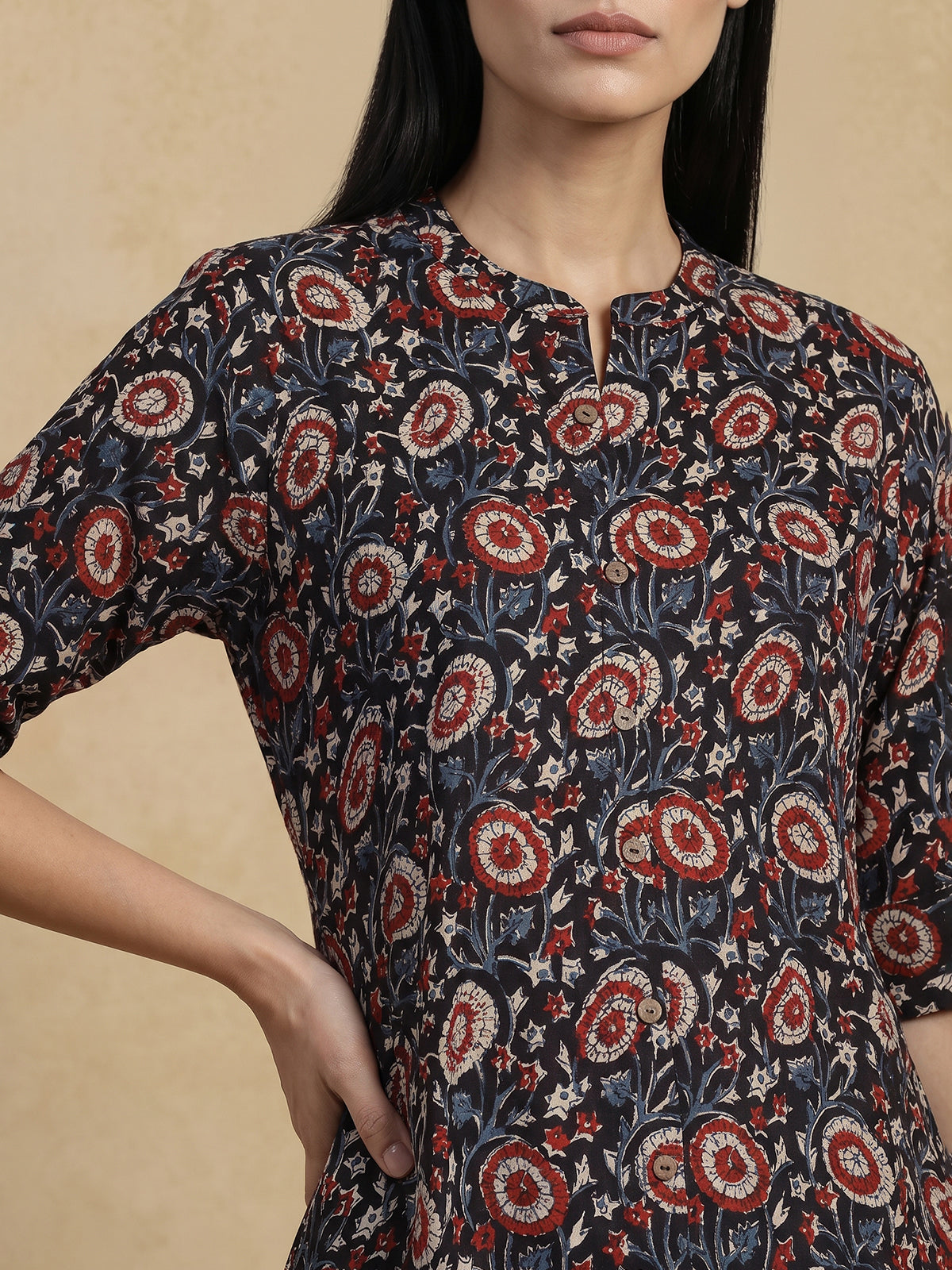 Black cotton silk floral printed casual stand collar elbow sleeve kurti for women