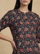 Black cotton silk floral printed casual stand collar elbow sleeve kurti for women