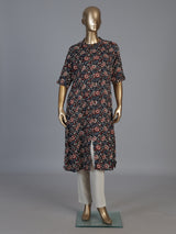Black cotton silk floral printed casual stand collar elbow sleeve kurti for women