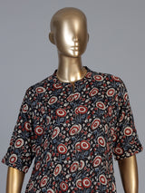 Black cotton silk floral printed casual stand collar elbow sleeve kurti for women