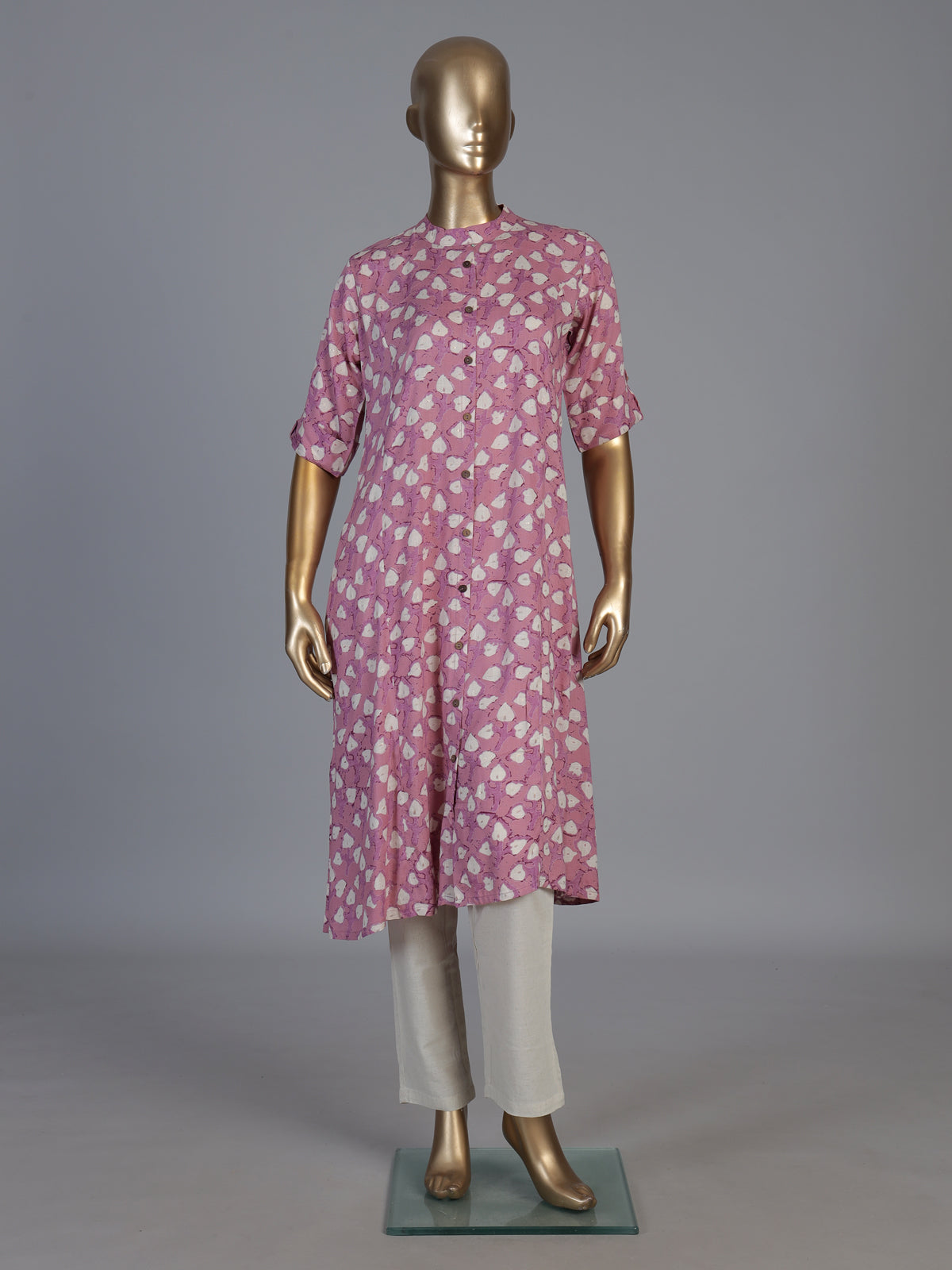 Lavender purple cotton silk floral printed stand collar casual elegant kurti