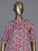 Lavender purple cotton silk floral printed stand collar casual elegant kurti