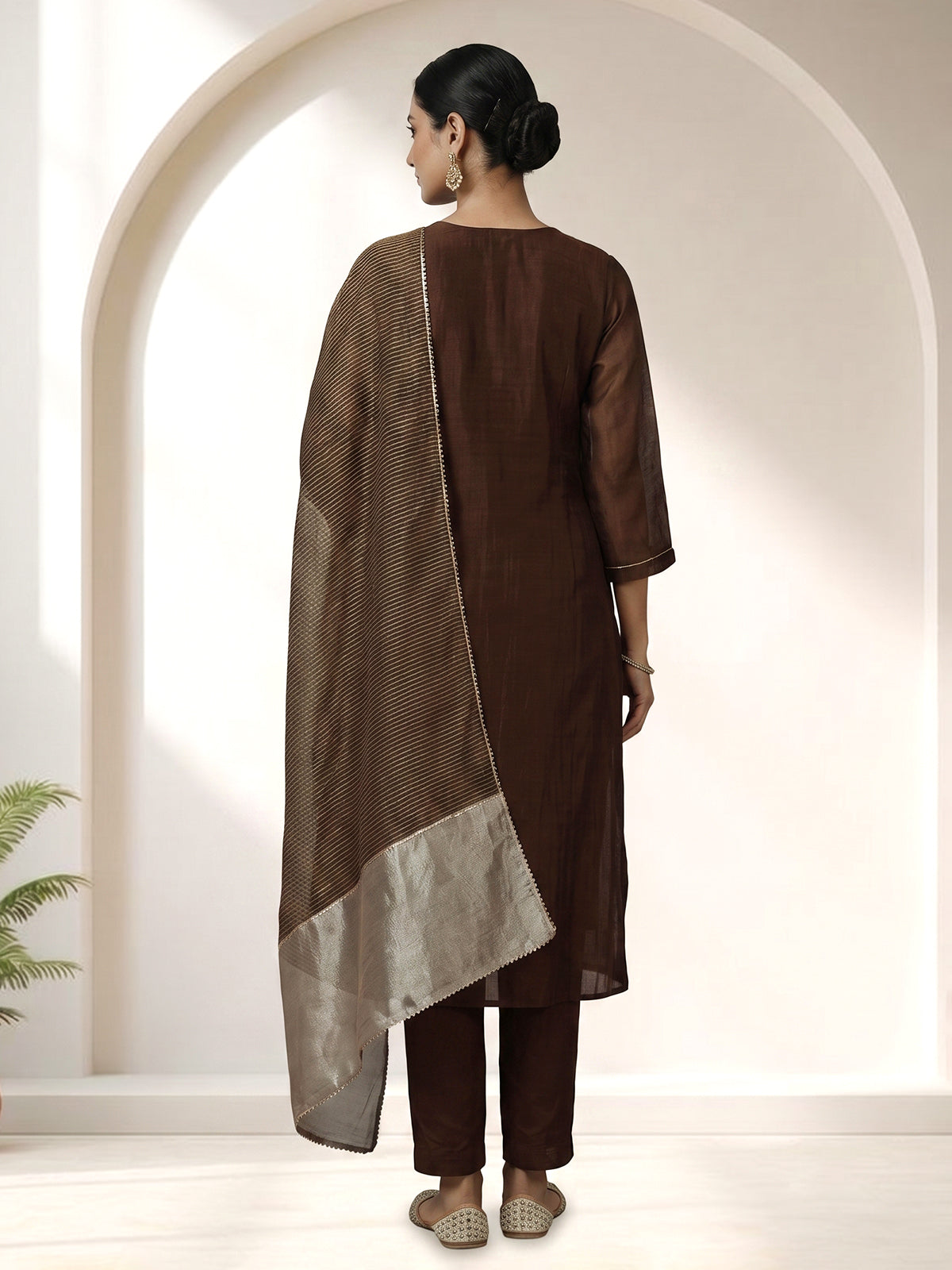 Dark brown tissue silk anarkali salwar suit with stylish dupatta pant