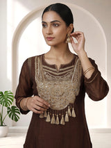 Dark brown tissue silk anarkali salwar suit with stylish dupatta pant